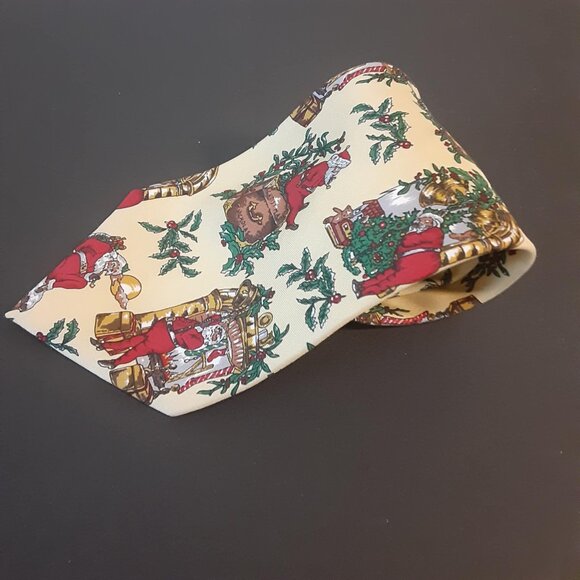 Vintage Kenneth Gordon USA Yellow Christmas Print Santa Claus Holiday Necktie - Picture 2 of 5